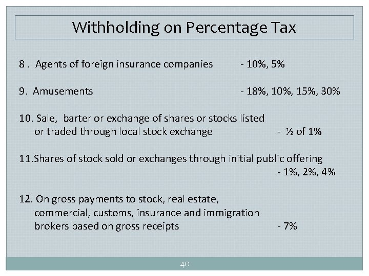 Withholding on Percentage Tax 8. Agents of foreign insurance companies - 10%, 5% 9.