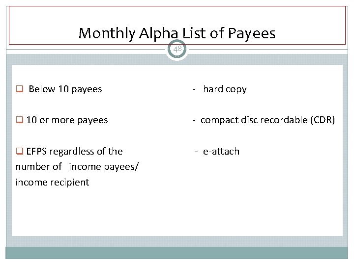 Monthly Alpha List of Payees 48 q Below 10 payees - hard copy q