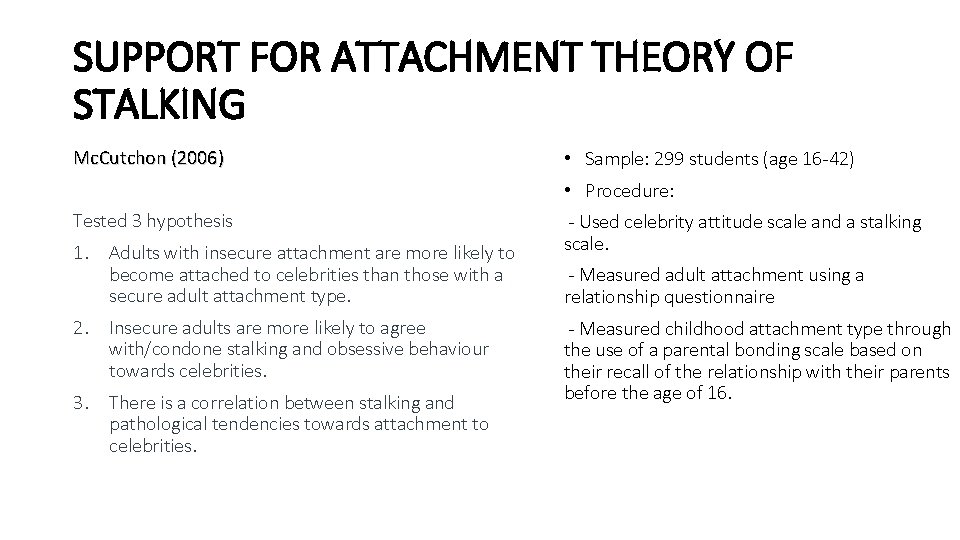 SUPPORT FOR ATTACHMENT THEORY OF STALKING Mc. Cutchon (2006) • Sample: 299 students (age