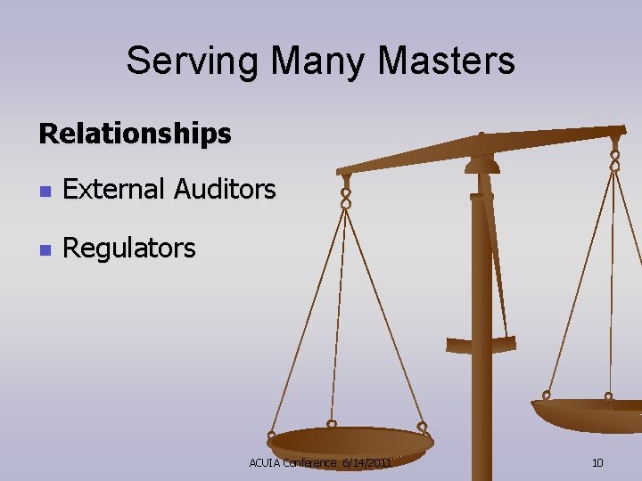 Serving Many Masters Relationships n External Auditors n Regulators ACUIA Conference 6/14/2011 10 