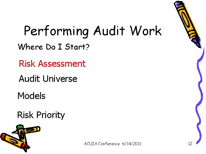 Performing Audit Work Where Do I Start? Risk Assessment Audit Universe Models Risk Priority