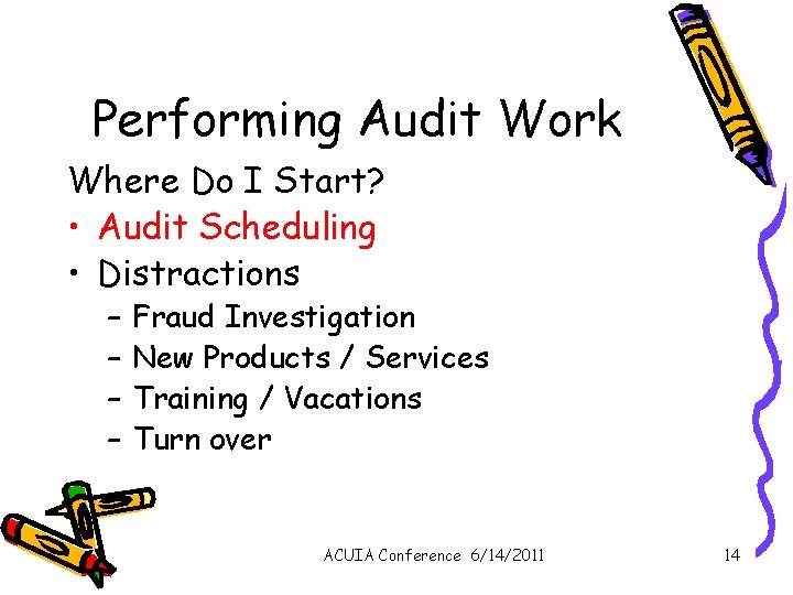 Performing Audit Work Where Do I Start? • Audit Scheduling • Distractions – –