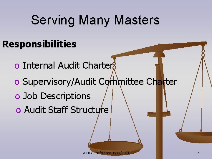 Serving Many Masters Responsibilities o Internal Audit Charter o Supervisory/Audit Committee Charter o Job
