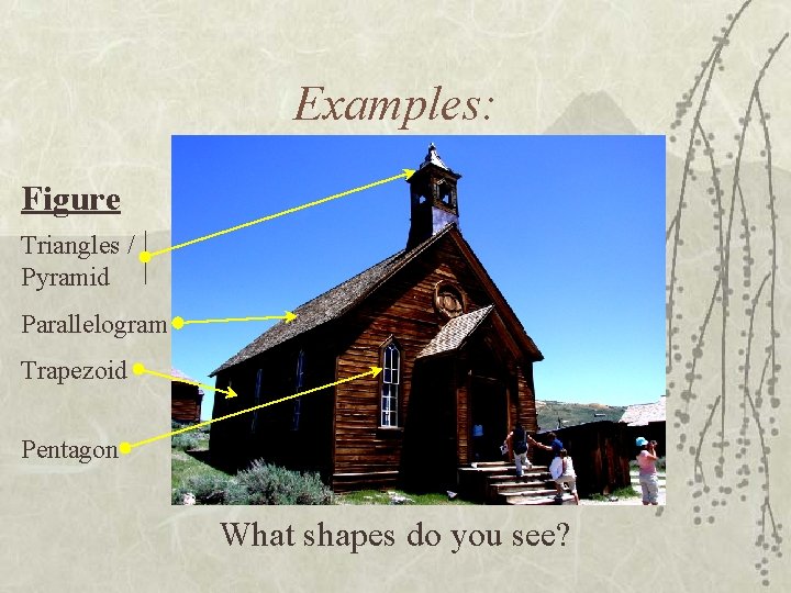 Examples: Figure Triangles / Pyramid Parallelogram Trapezoid Pentagon What shapes do you see? 