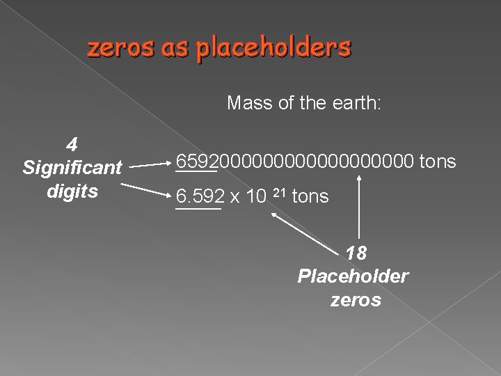 zeros as placeholders Mass of the earth: 4 Significant digits 6592000000000 tons 6. 592