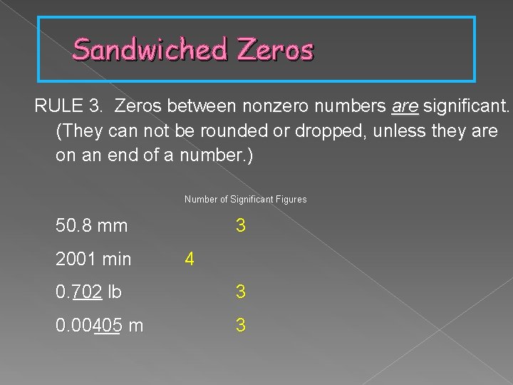 Sandwiched Zeros RULE 3. Zeros between nonzero numbers are significant. (They can not be