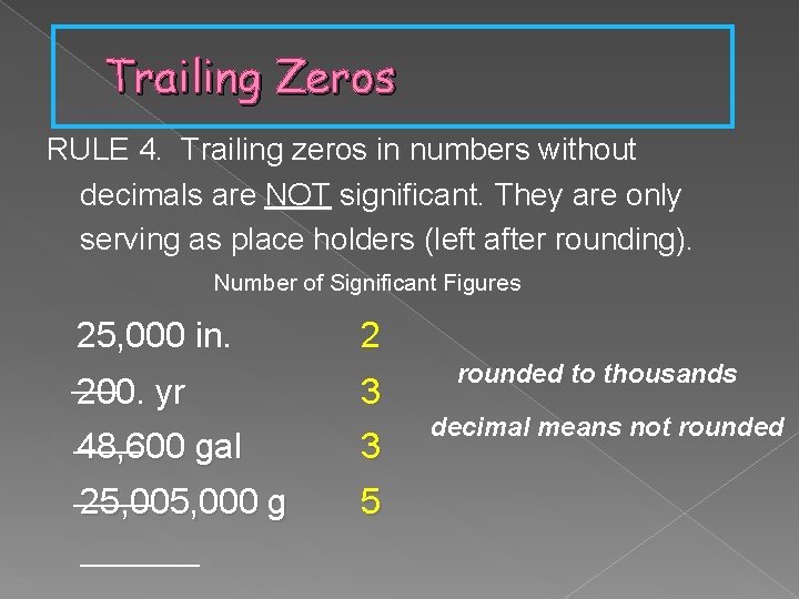 Trailing Zeros RULE 4. Trailing zeros in numbers without decimals are NOT significant. They