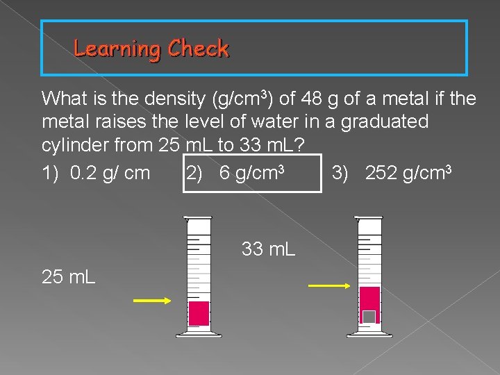 Learning Check What is the density (g/cm 3) of 48 g of a metal