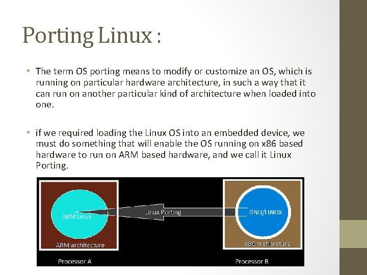 Porting Linux : • The term OS porting means to modify or customize an