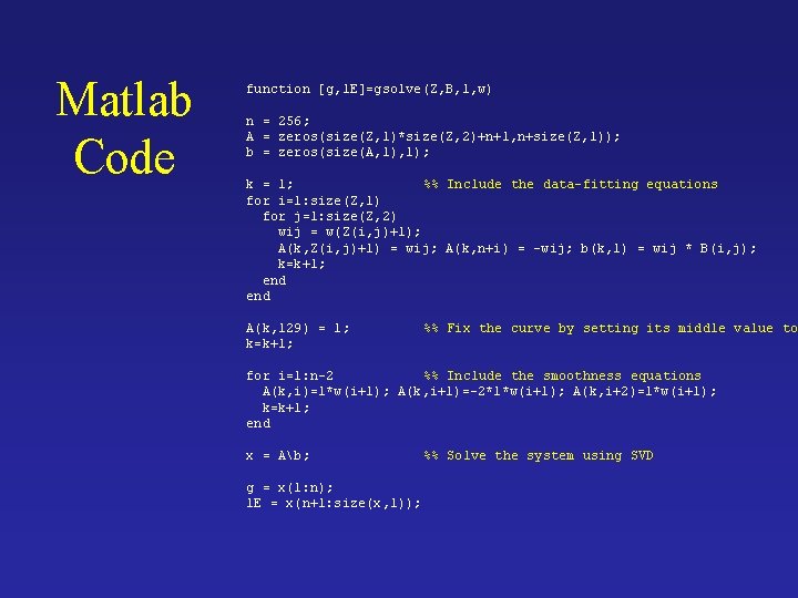 Matlab Code function [g, l. E]=gsolve(Z, B, l, w) n = 256; A =