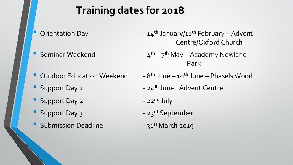 Training dates for 2018 • Orientation Day - 14 th January/11 th February –