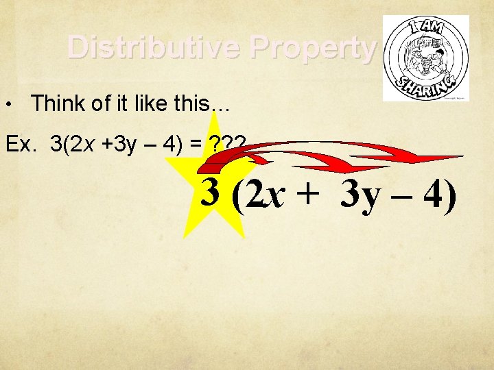 Distributive Property • Think of it like this… Ex. 3(2 x +3 y –