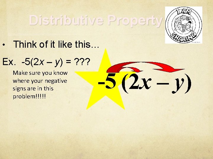 Distributive Property • Think of it like this… Ex. -5(2 x – y) =