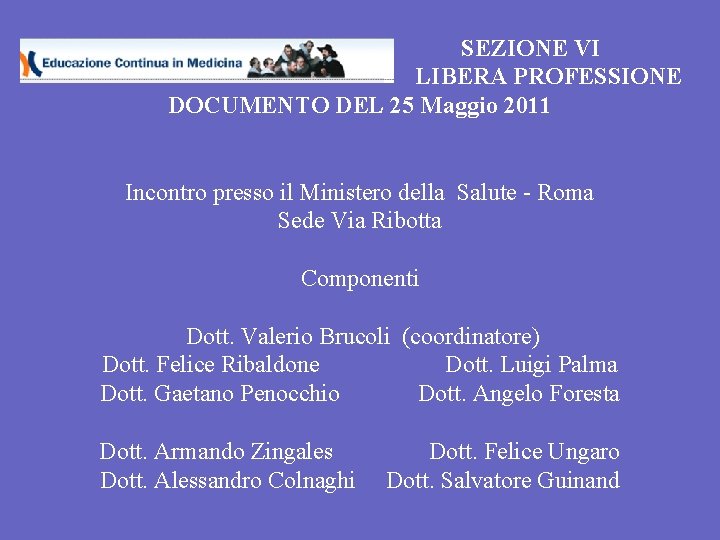 SEZIONE VI LIBERA PROFESSIONE DOCUMENTO DEL 25 Maggio 2011 Incontro presso il Ministero della