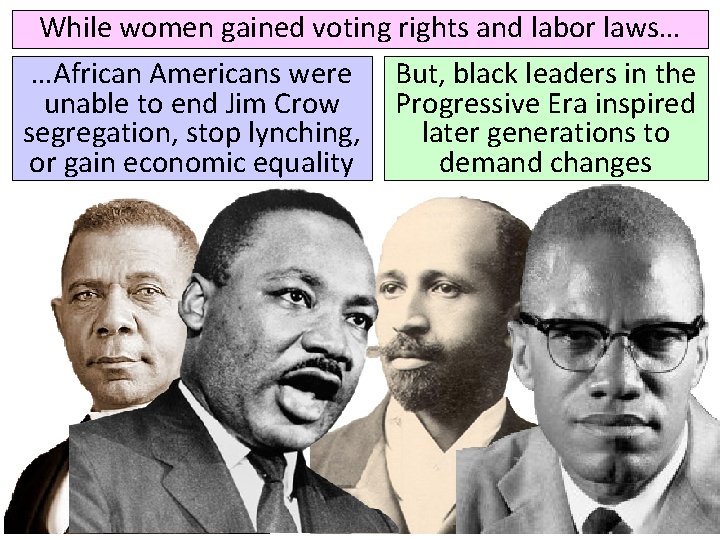 While women gained voting rights and labor laws… …African Americans were But, black leaders