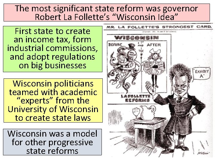 The most significant state reform was governor Robert La Follette’s “Wisconsin Idea” First state