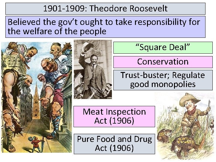 1901 -1909: Theodore Roosevelt Believed the gov’t ought to take responsibility for the welfare