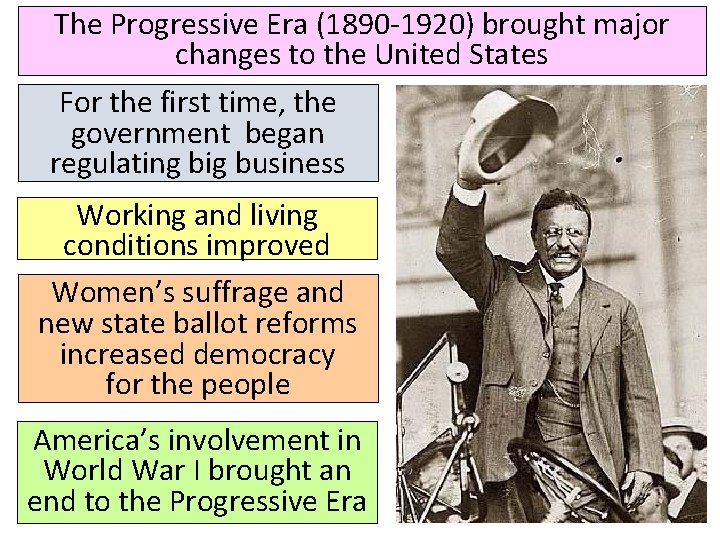 The Progressive Era (1890 -1920) brought major changes to the United States For the
