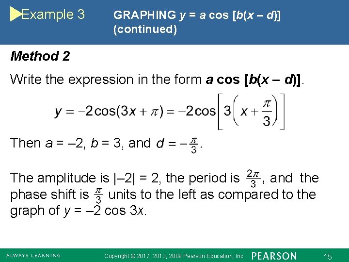 Example 3 GRAPHING y = a cos [b(x – d)] (continued) Method 2 Write