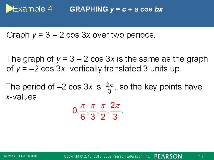 Example 4 GRAPHING y = c + a cos bx Graph y = 3