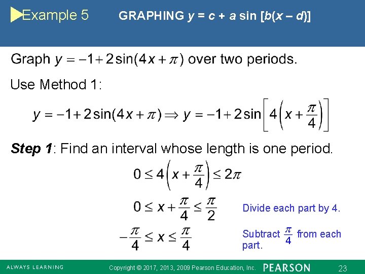 Example 5 GRAPHING y = c + a sin [b(x – d)] Use Method