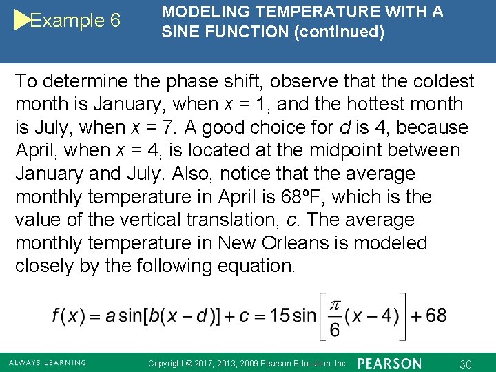 Example 6 MODELING TEMPERATURE WITH A SINE FUNCTION (continued) To determine the phase shift,