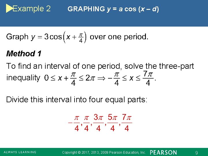 Example 2 GRAPHING y = a cos (x – d) Method 1 To find