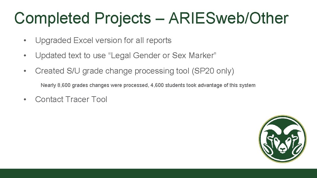Completed Projects – ARIESweb/Other • Upgraded Excel version for all reports • Updated text