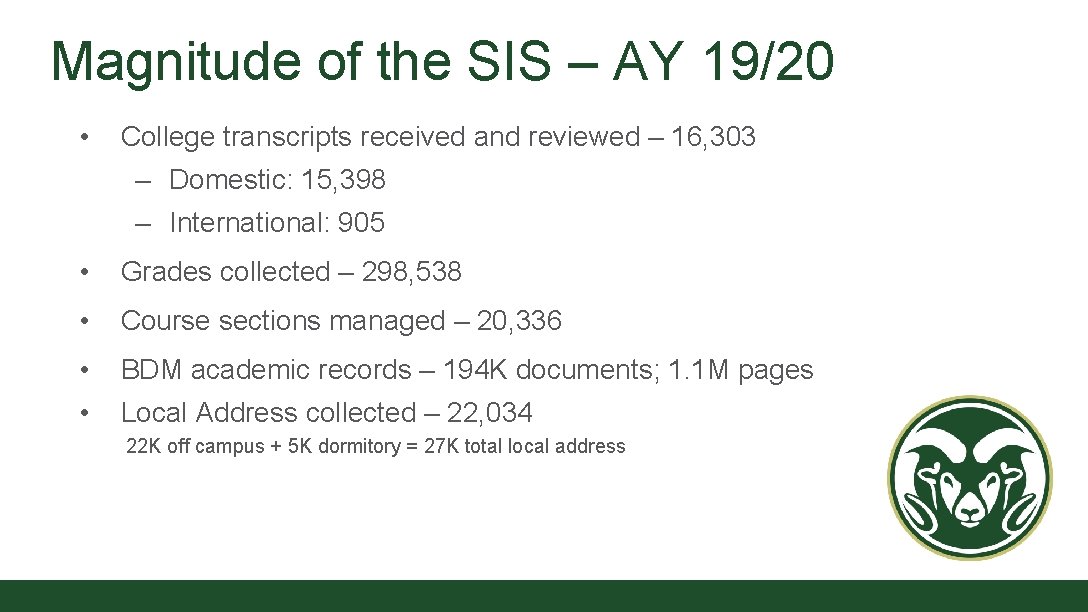 Magnitude of the SIS – AY 19/20 • College transcripts received and reviewed –