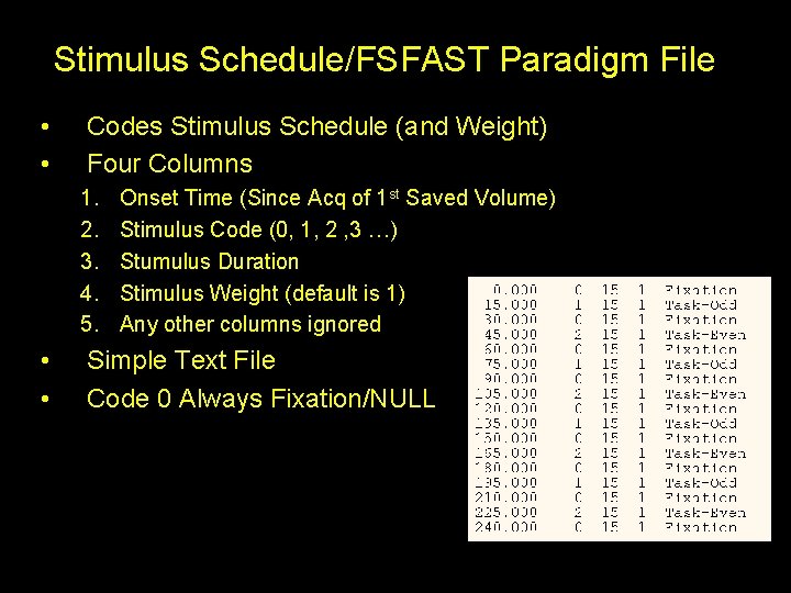 Stimulus Schedule/FSFAST Paradigm File • • Codes Stimulus Schedule (and Weight) Four Columns 1.