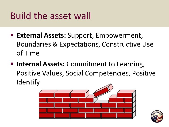 Build the asset wall § External Assets: Support, Empowerment, Boundaries & Expectations, Constructive Use