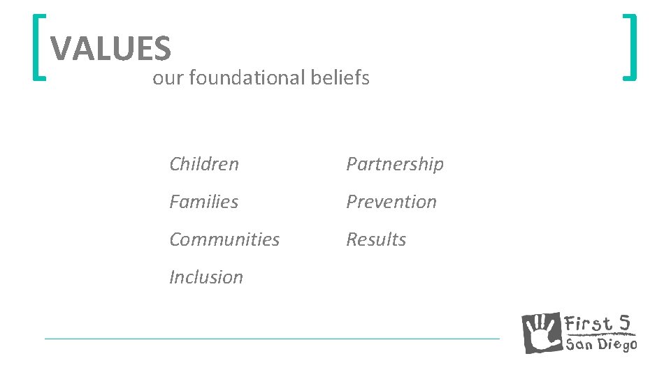 [VALUES our foundational beliefs Children Partnership Families Prevention Communities Results Inclusion ] 