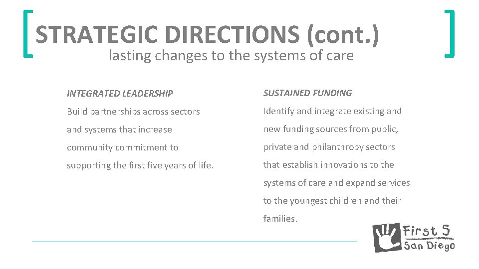 [STRATEGIC DIRECTIONS (cont. ) lasting changes to the systems of care INTEGRATED LEADERSHIP SUSTAINED