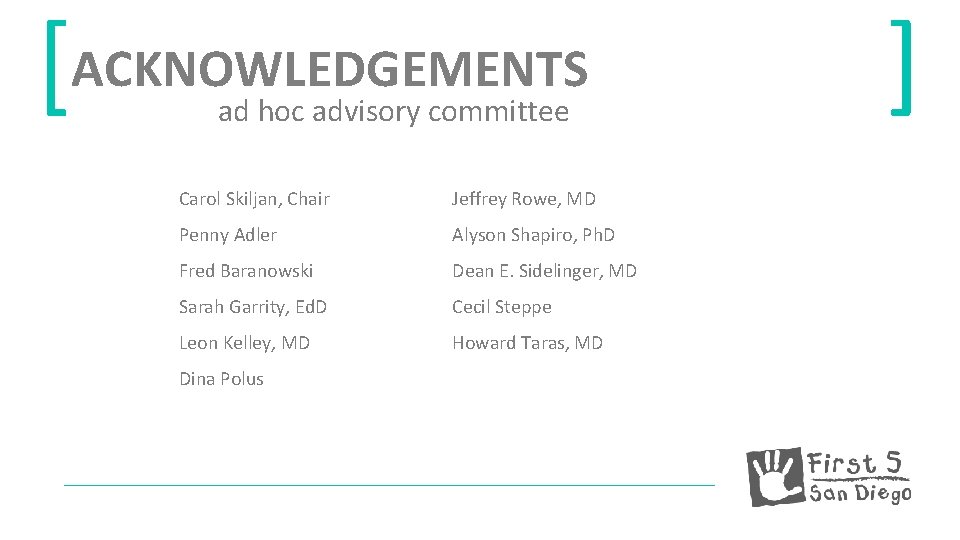 [ACKNOWLEDGEMENTS ad hoc advisory committee Carol Skiljan, Chair Jeffrey Rowe, MD Penny Adler Alyson