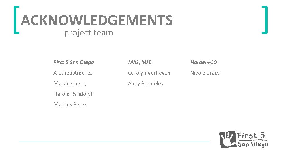 [ACKNOWLEDGEMENTS ] project team First 5 San Diego MIG|MJE Harder+CO Alethea Arguilez Carolyn Verheyen