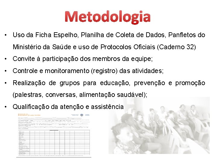 Metodologia • Uso da Ficha Espelho, Planilha de Coleta de Dados, Panfletos do Ministério