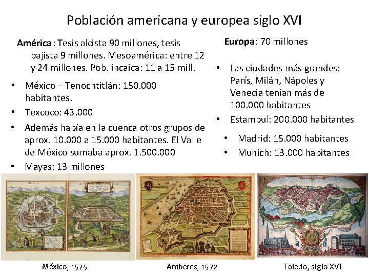 Población americana y europea siglo XVI América: Tesis alcista 90 millones, tesis bajista 9