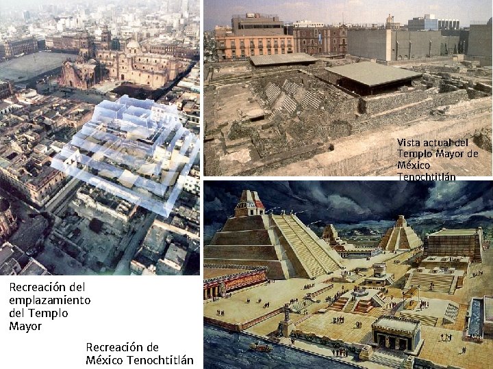 Vista actual del Templo Mayor de México Tenochtitlán Recreación del emplazamiento del Templo Mayor