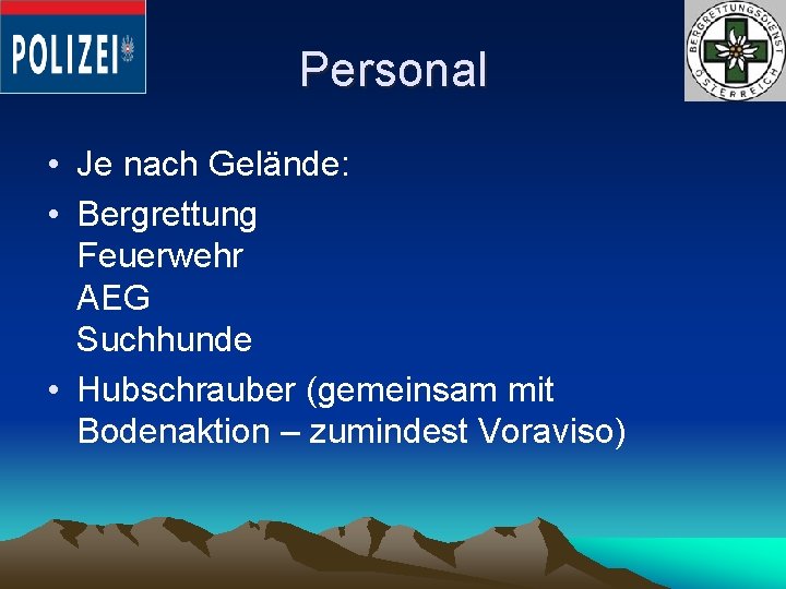 Personal • Je nach Gelände: • Bergrettung Feuerwehr AEG Suchhunde • Hubschrauber (gemeinsam mit