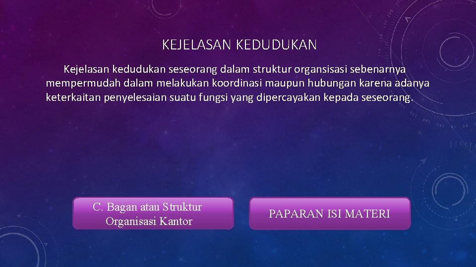 KEJELASAN KEDUDUKAN Kejelasan kedudukan seseorang dalam struktur organsisasi sebenarnya mempermudah dalam melakukan koordinasi maupun