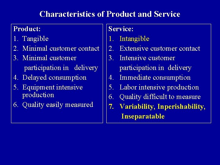 Characteristics of Product and Service Product: 1. Tangible 2. Minimal customer contact 3. Minimal
