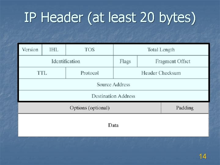 IP Header (at least 20 bytes) 14 