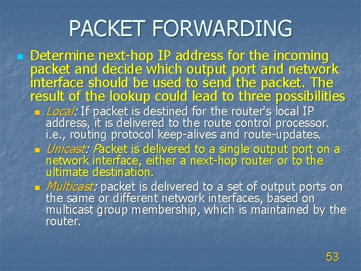 PACKET FORWARDING n Determine next-hop IP address for the incoming packet and decide which