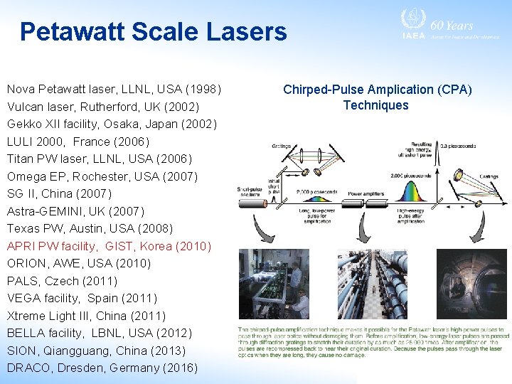 Petawatt Scale Lasers Nova Petawatt laser, LLNL, USA (1998) Vulcan laser, Rutherford, UK (2002)