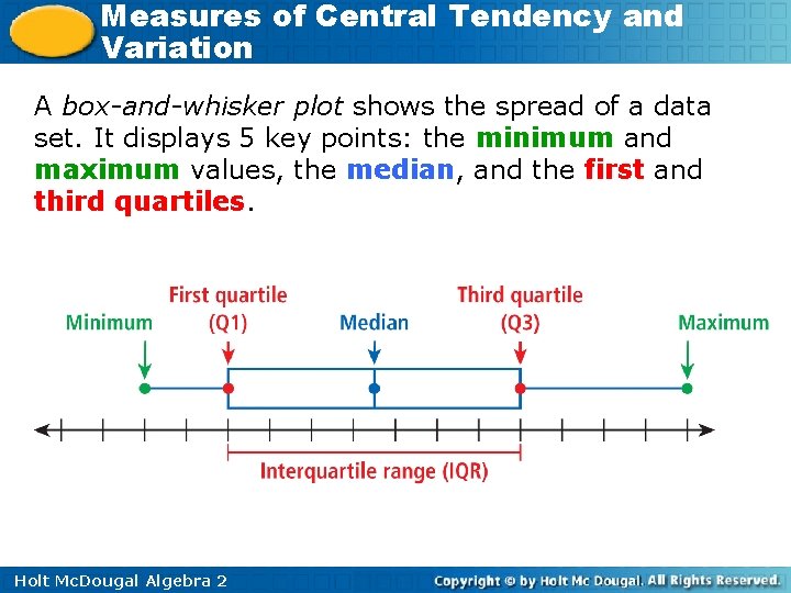Measures of Central Tendency and Variation A box-and-whisker plot shows the spread of a