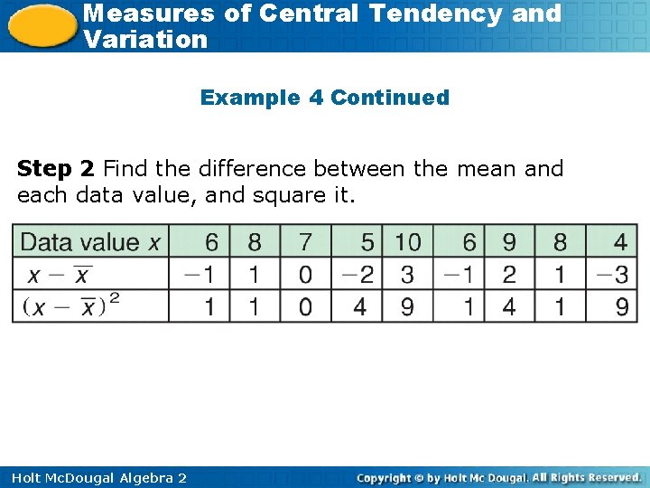 Measures of Central Tendency and Variation Example 4 Continued Step 2 Find the difference