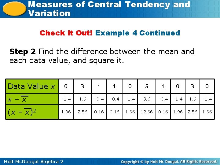 Measures of Central Tendency and Variation Check It Out! Example 4 Continued Step 2