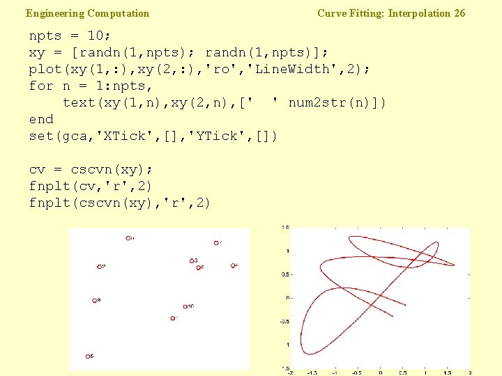 Engineering Computation Curve Fitting: Interpolation 26 npts = 10; xy = [randn(1, npts); randn(1,