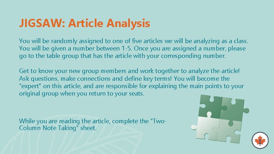 JIGSAW: Article Analysis You will be randomly assigned to one of five articles we