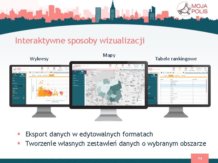 Interaktywne sposoby wizualizacji Wykresy Mapy Tabele rankingowe § Eksport danych w edytowalnych formatach §